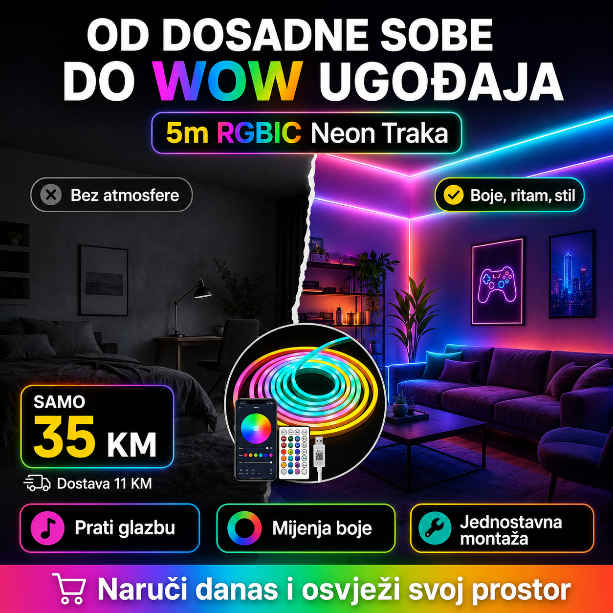 LED RGB Neon Svjetlosna Traka – Dekoracije i Rasvjeta – – slika 4