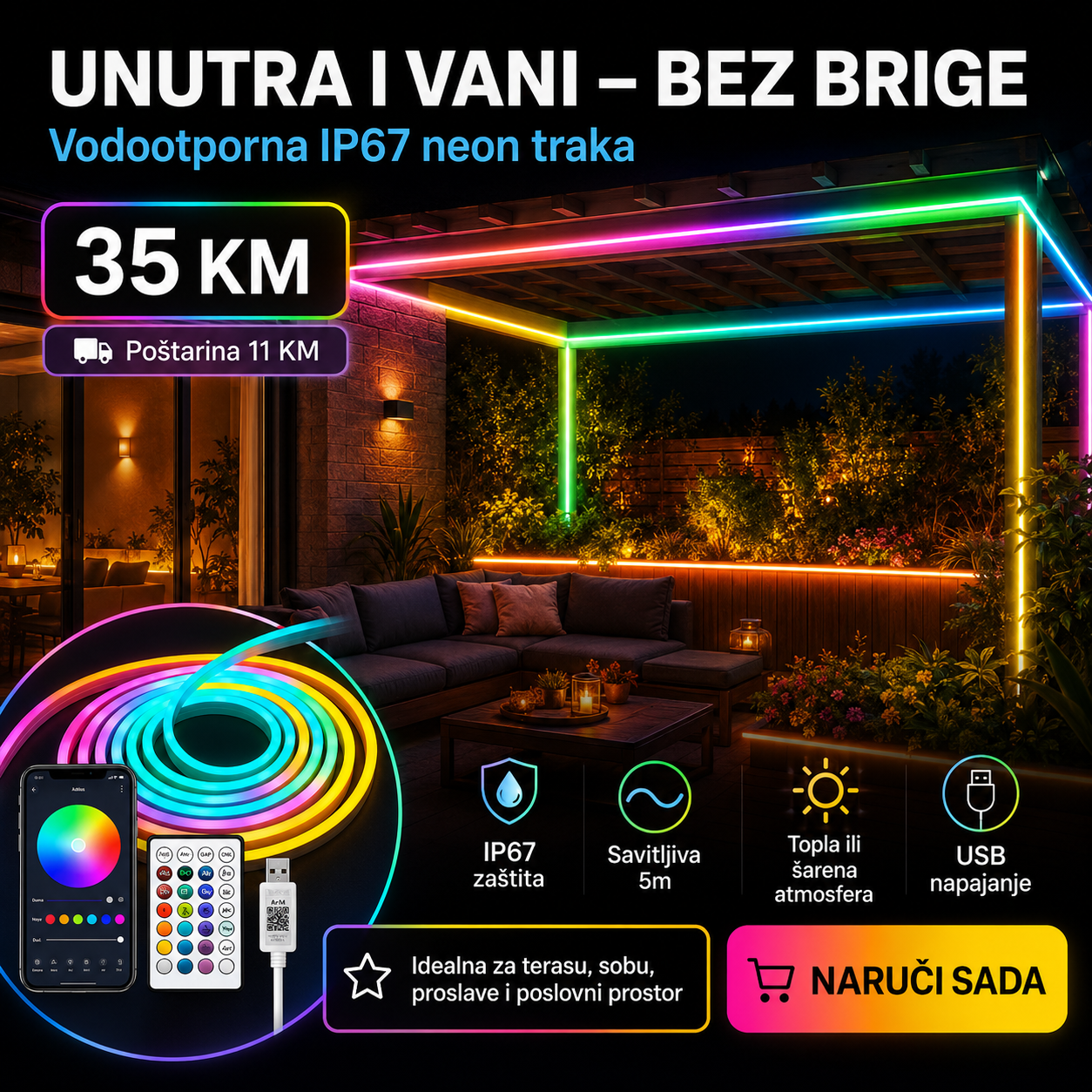 LED RGB Neon Svjetlosna Traka – Dekoracije i Rasvjeta – – slika 3