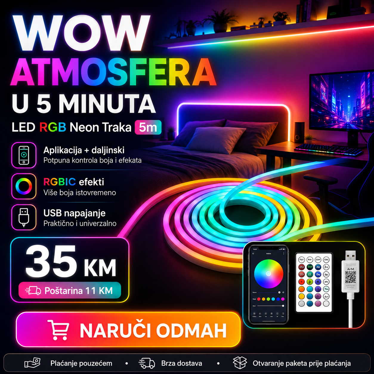 LED RGB Neon Svjetlosna Traka – Dekoracije i Rasvjeta – – slika 5