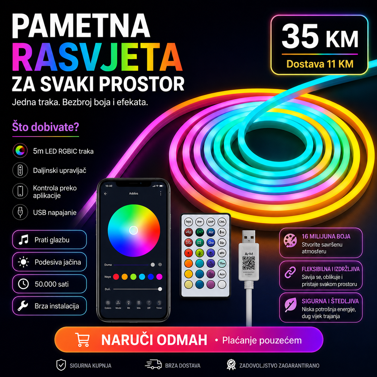 LED RGB Neon Svjetlosna Traka – Dekoracije i Rasvjeta – – slika 6