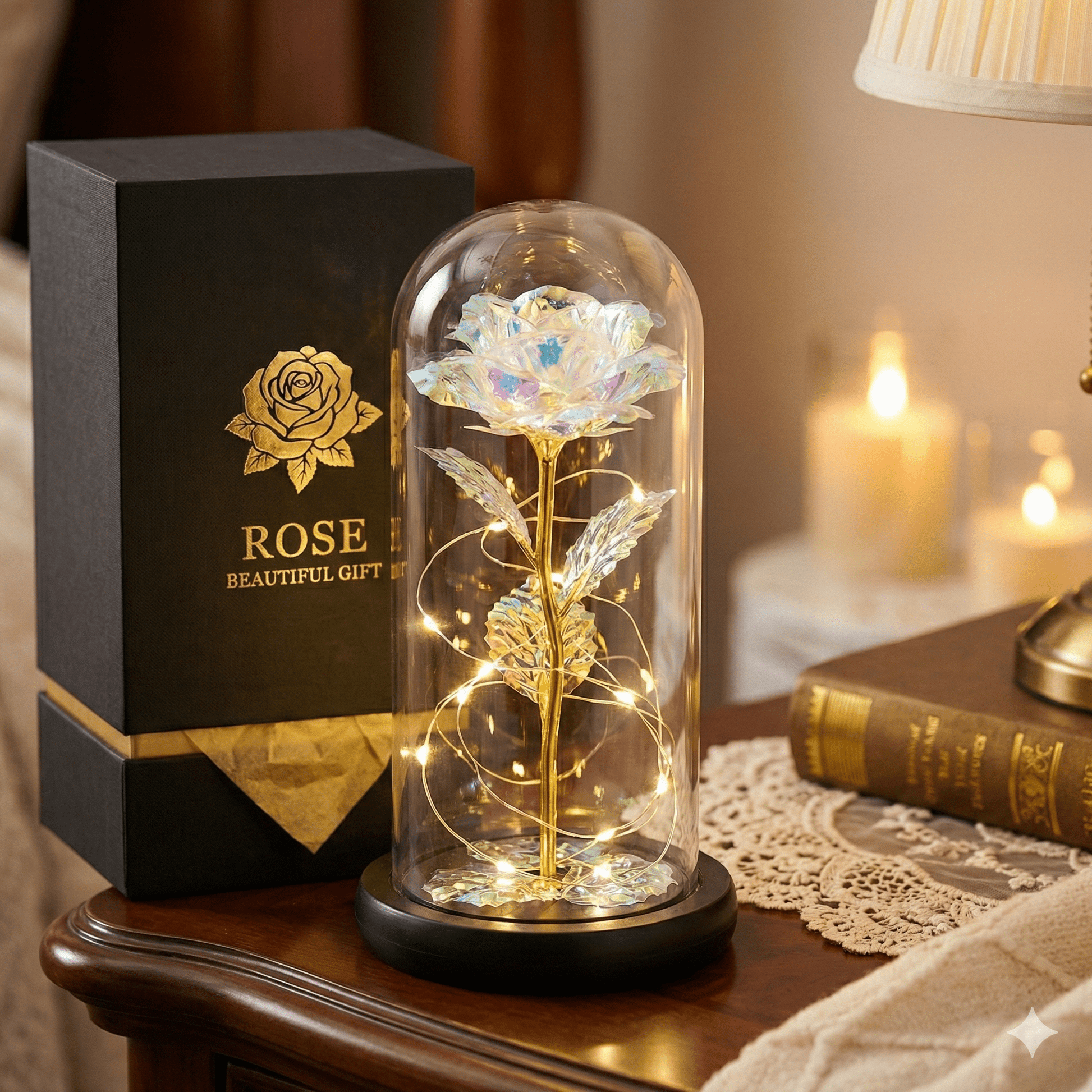 LED Vječna Ruža u Staklenoj Kupoli – – Zlatna – slika 1