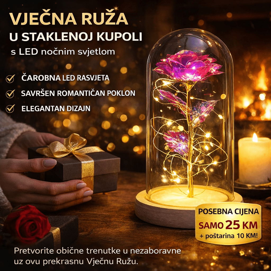 LED Vječna Ruža u Staklenoj Kupoli – – Zlatna – slika 2