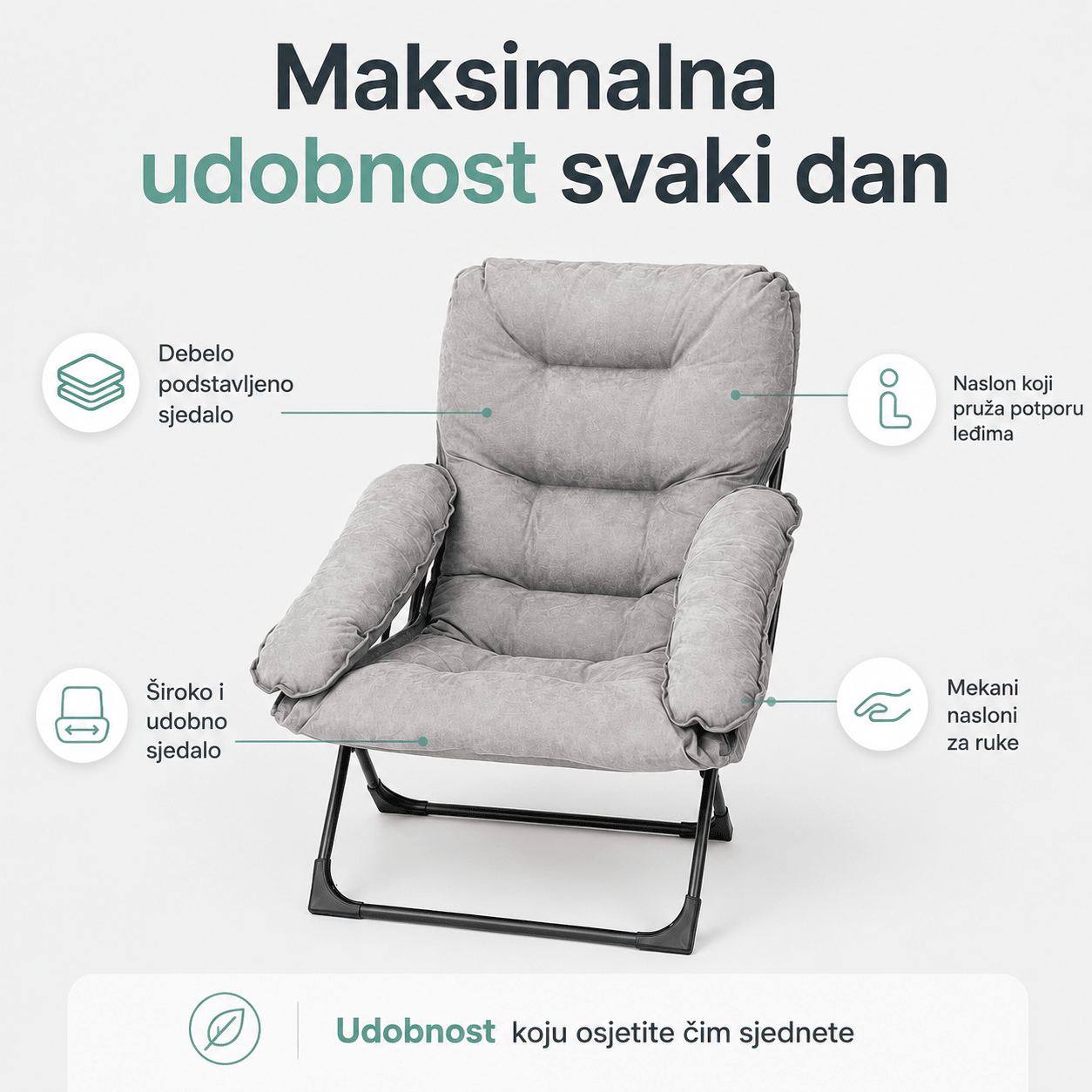 Luksuzna Sklopiva Relax Stolica – – Siva – slika 5
