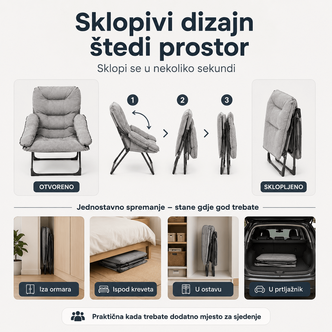 Luksuzna Sklopiva Relax Stolica – – Siva – slika 3