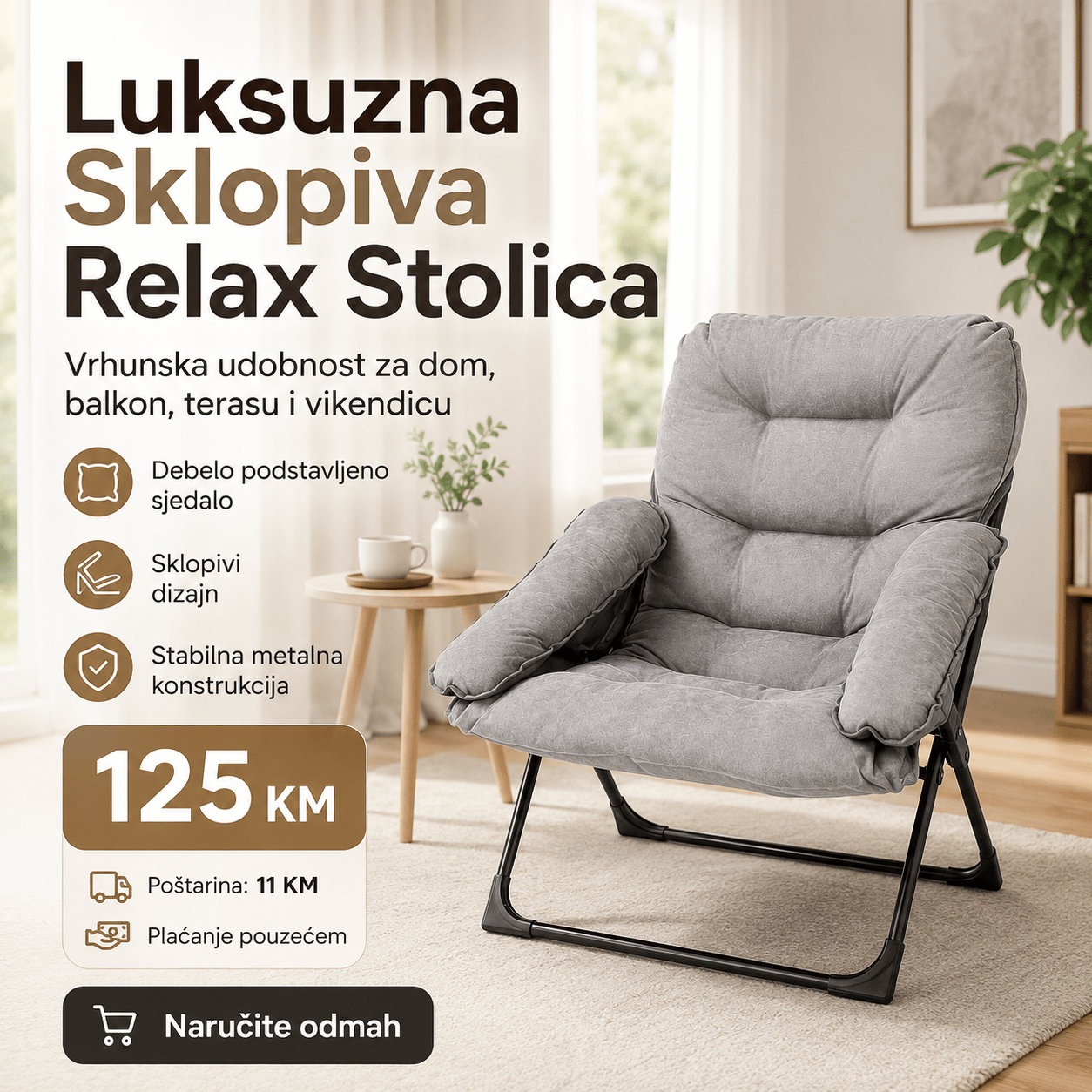 Luksuzna Sklopiva Relax Stolica – – Siva – slika 6