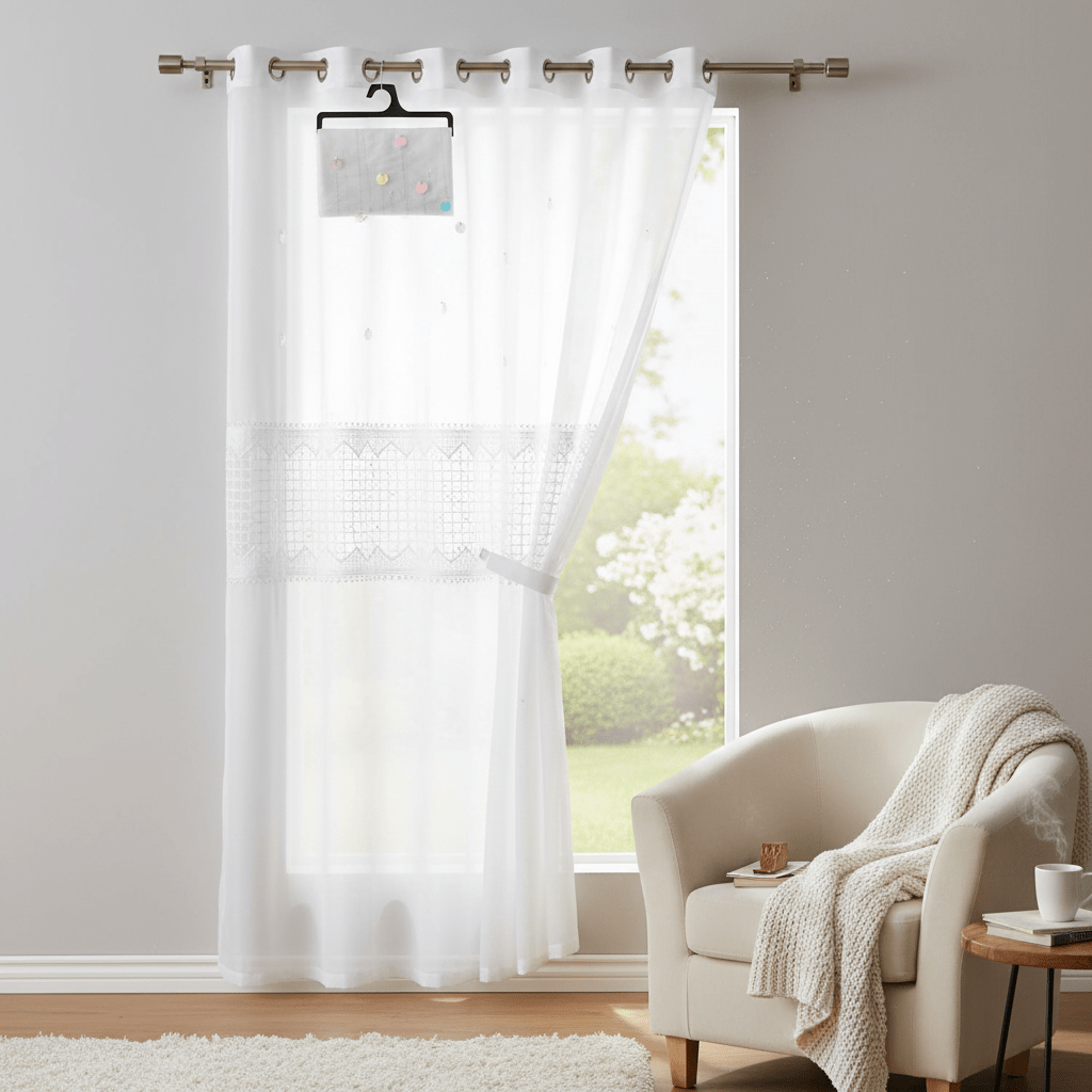 Luksuzni Bijeli Zavjesa Paravan sa Šljokicama i Čipkom – Zavjese – 140 x 240 cm Bijela – slika 4