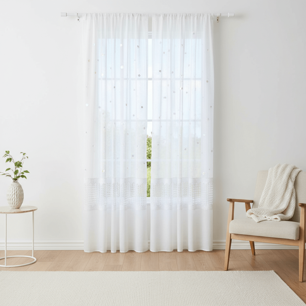 Luksuzni Bijeli Zavjesa Paravan sa Šljokicama i Čipkom – Zavjese – 140 x 240 cm Bijela – slika 5