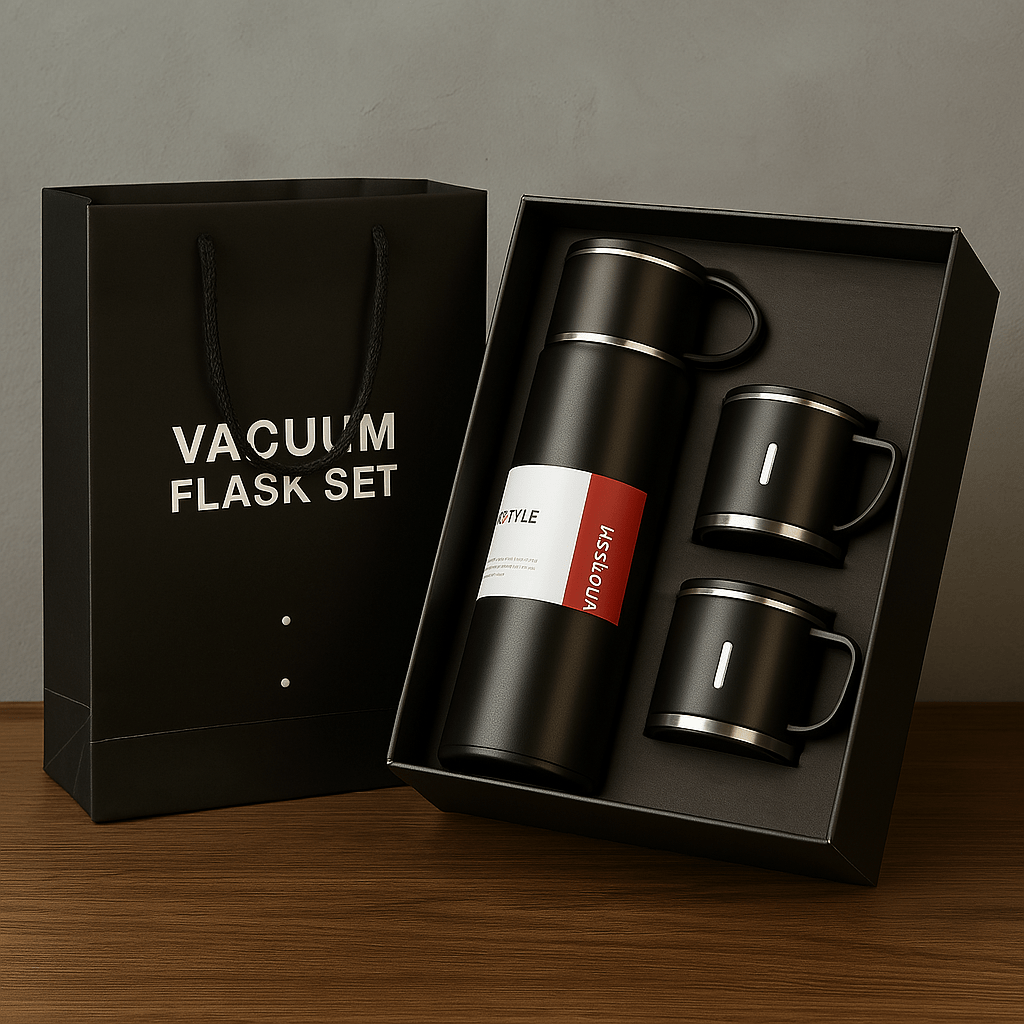 Luksuzni Termos Set – 3 Šolje + Boca – – Crna – slika 1