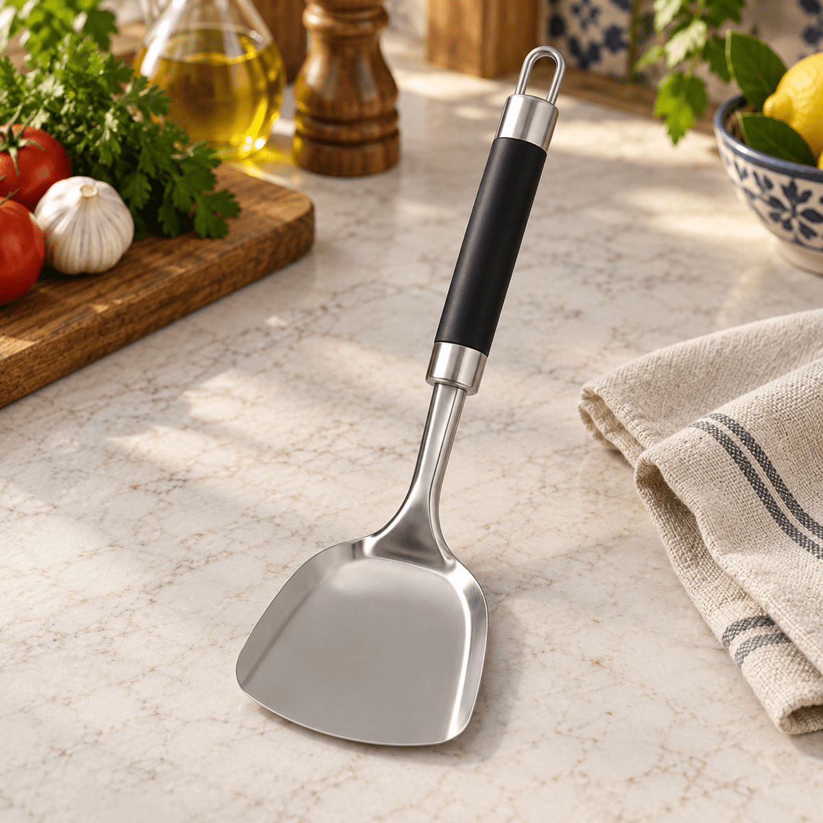 Metalna kuhinjska lopatica s crnom drškom – 29 cm – Metalne kuhinjske lopatice – – slika 2