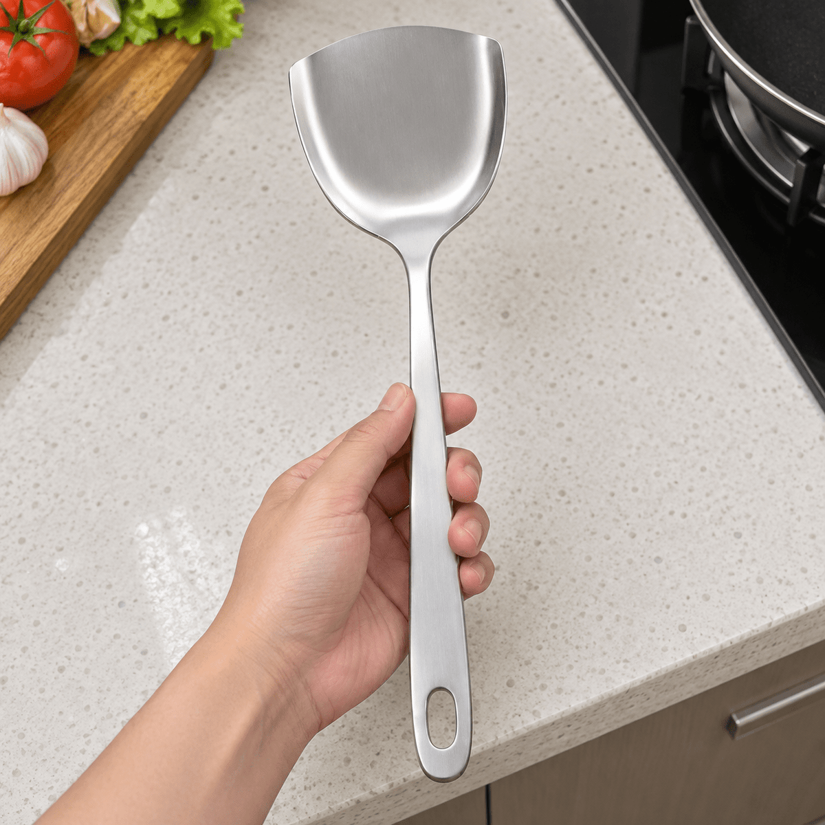 Metalna kuhinjska lopatica s punom glavom – 38 × 10 cm – Metalne kuhinjske lopatice – – slika 3