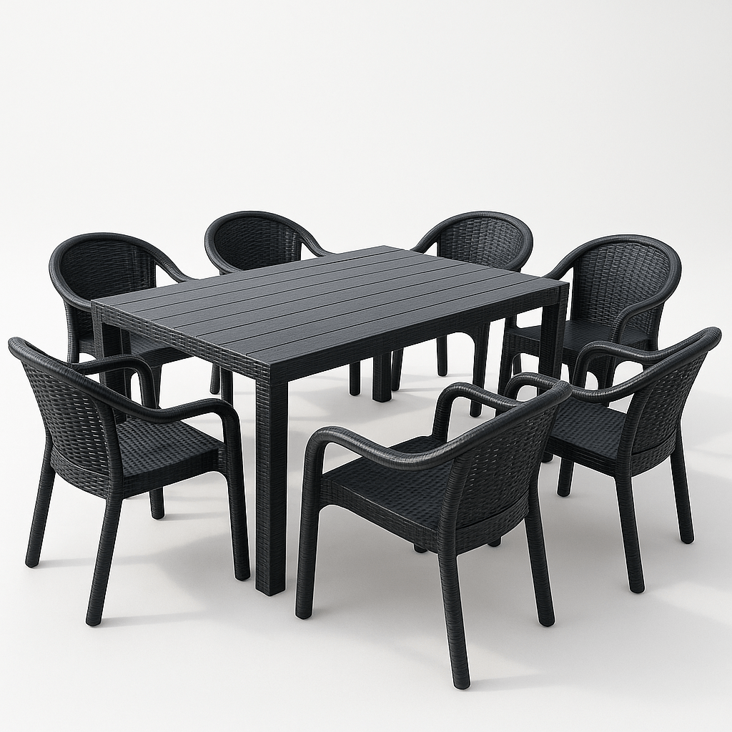 Moderna Vrtna Garnitura Ratan Stol + 6 Stolica – – Crna – slika 6