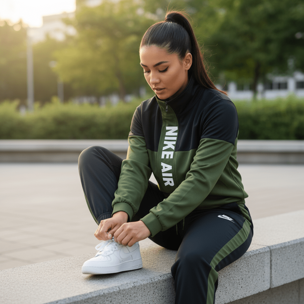 Moderna Ženska Trenerka – Ženska sportska odjeća – S Maslinasto Zelena/Crna – slika 1