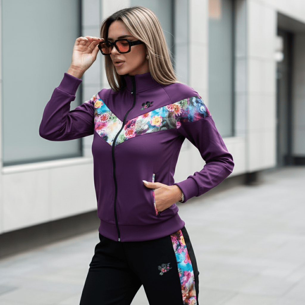 Moderna Ženska Trenerka sa Šarenim Cvjetnim Printom – Trenerka – M Ljubičasta/Šareni print – slika 5