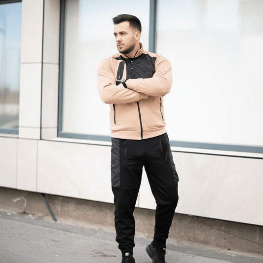 Moderni Dvobojni Sportski Komplet - Bež - Crna – Muške Trenirke – M Bež - Crna – slika 1