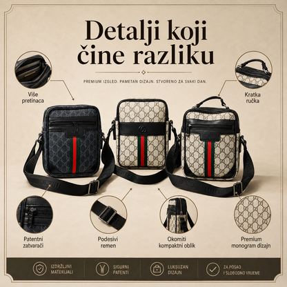 Detalji muške crossbody torbice: pretinci, ručka, patentni zatvarači i podesivi remen