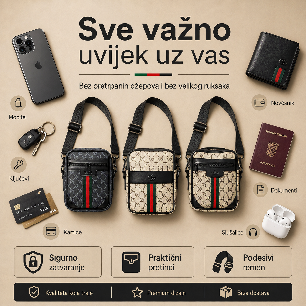 Muška premium crossbody torbica s više pretinaca