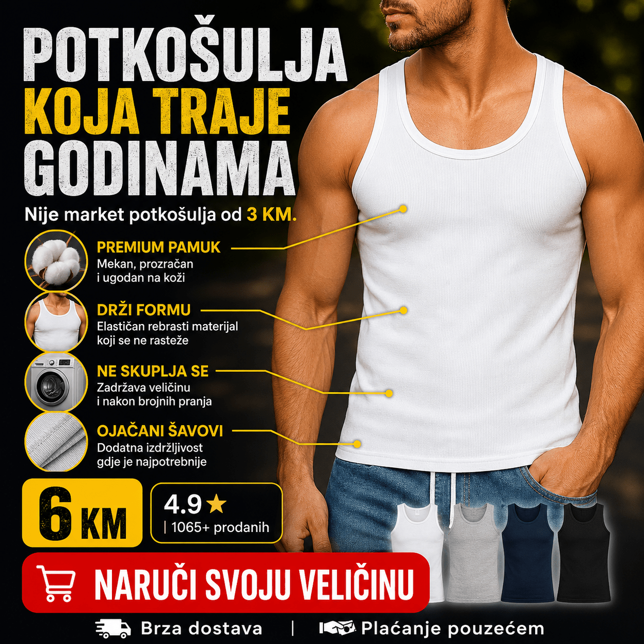 Muške potkošulje – Čarape i Donje Rublje – Crna XL – slika 3