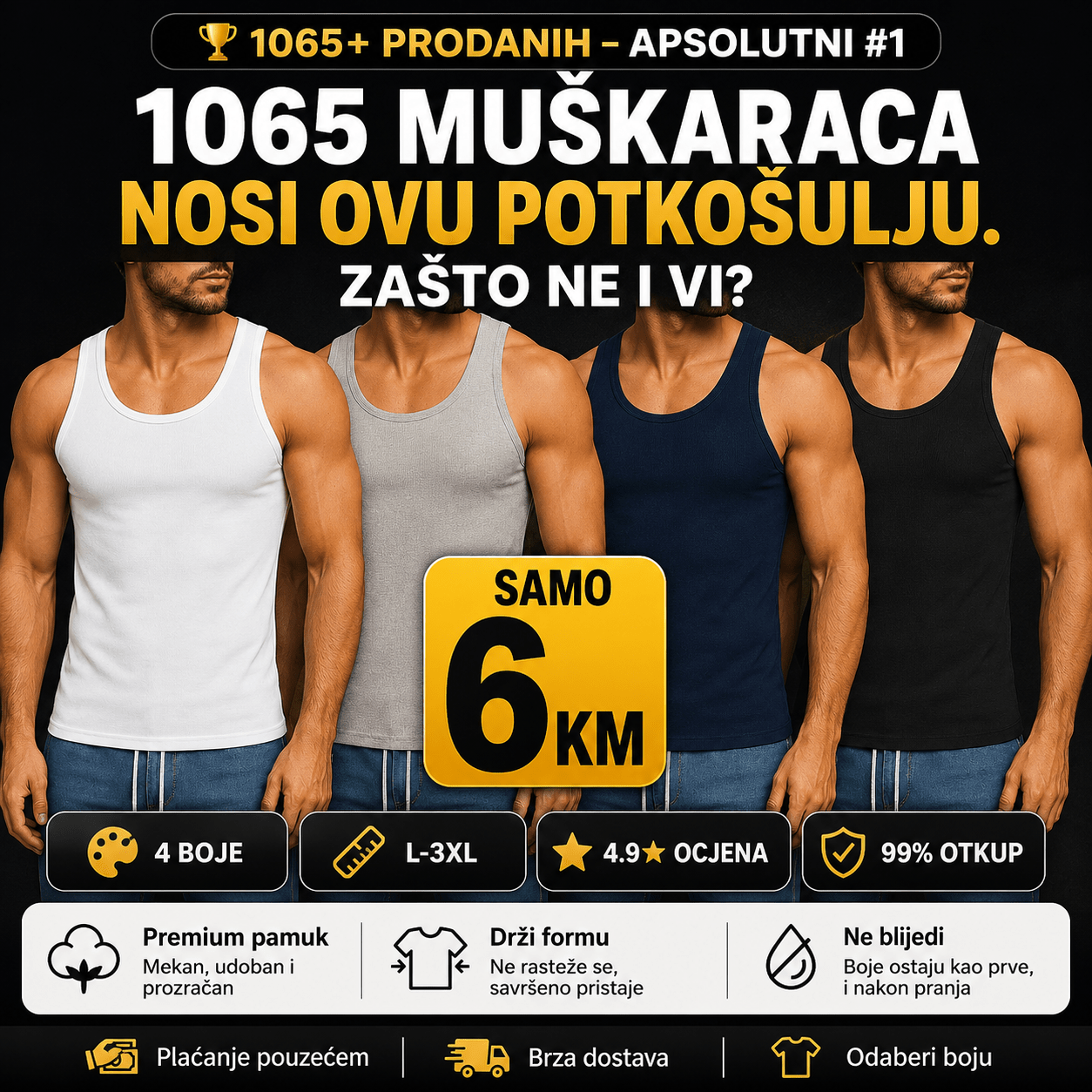 Muške potkošulje – Čarape i Donje Rublje – Crna XL – slika 2