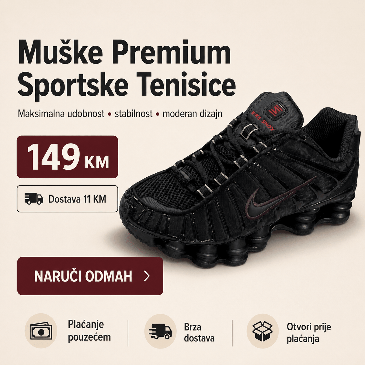 Muške Premium Sportske Tenisice – Crne s Bordo Detaljem – Muške tenisice – 41 – slika 2