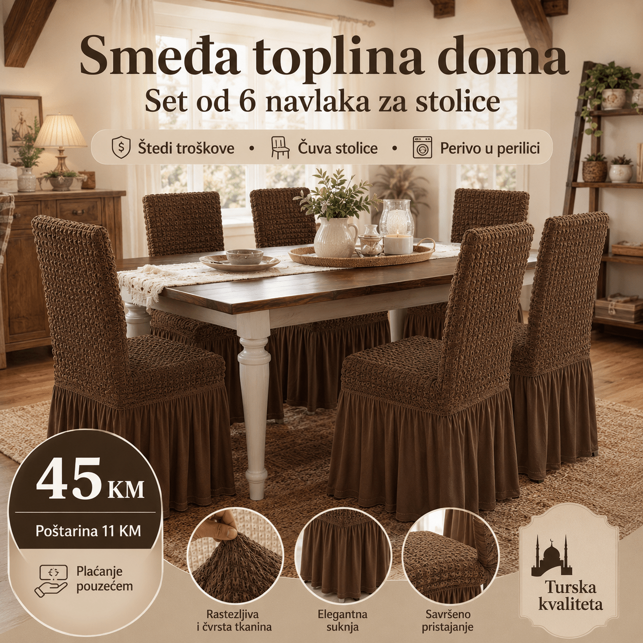 Navlake za Stolice s Elegantnom Suknjom – – Smeđa – slika 2