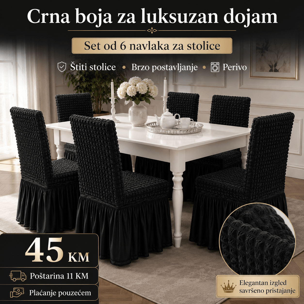 Navlake za Stolice s Elegantnom Suknjom – – Crne – slika 6