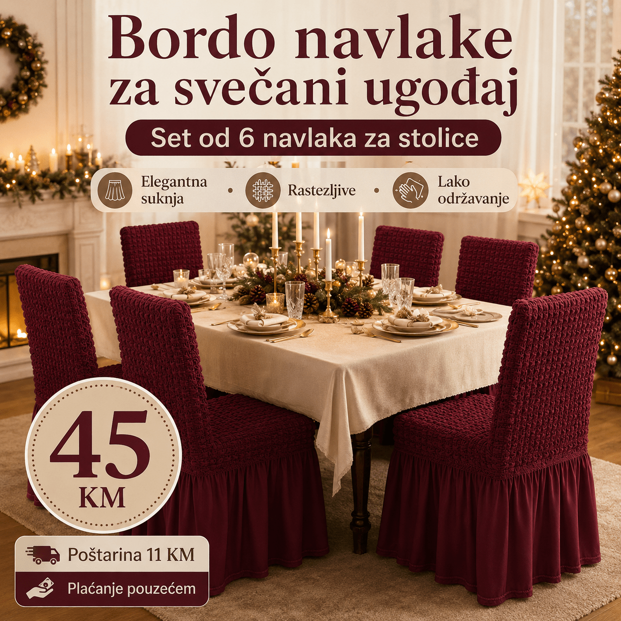 Navlake za Stolice s Elegantnom Suknjom – – Bordo – slika 4