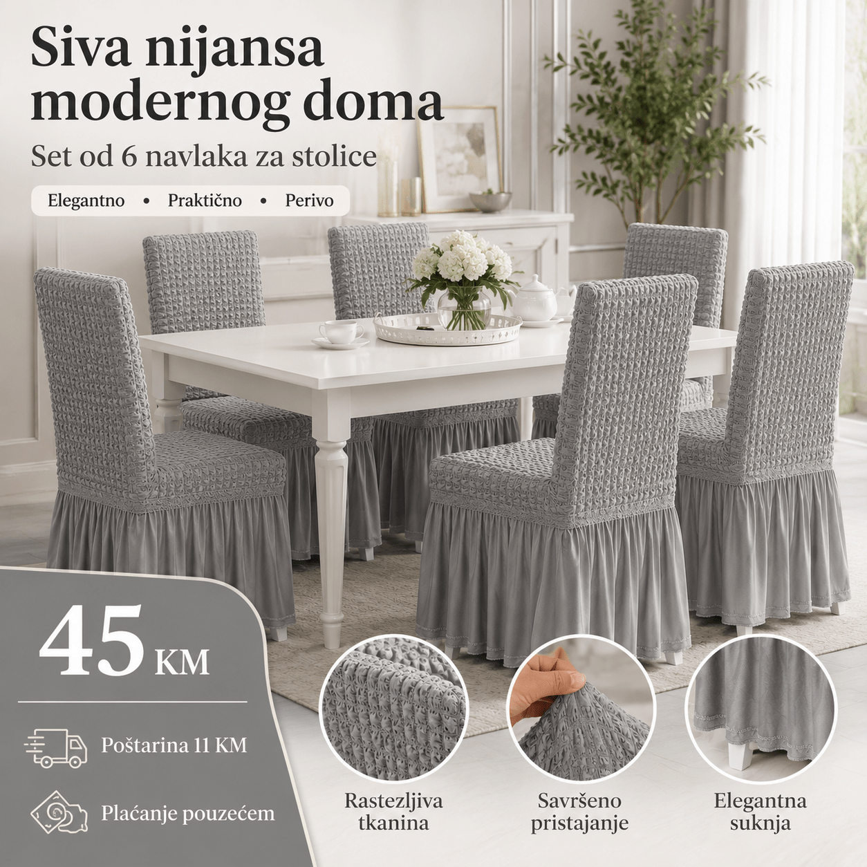 Navlake za Stolice s Elegantnom Suknjom – – Siva – slika 7