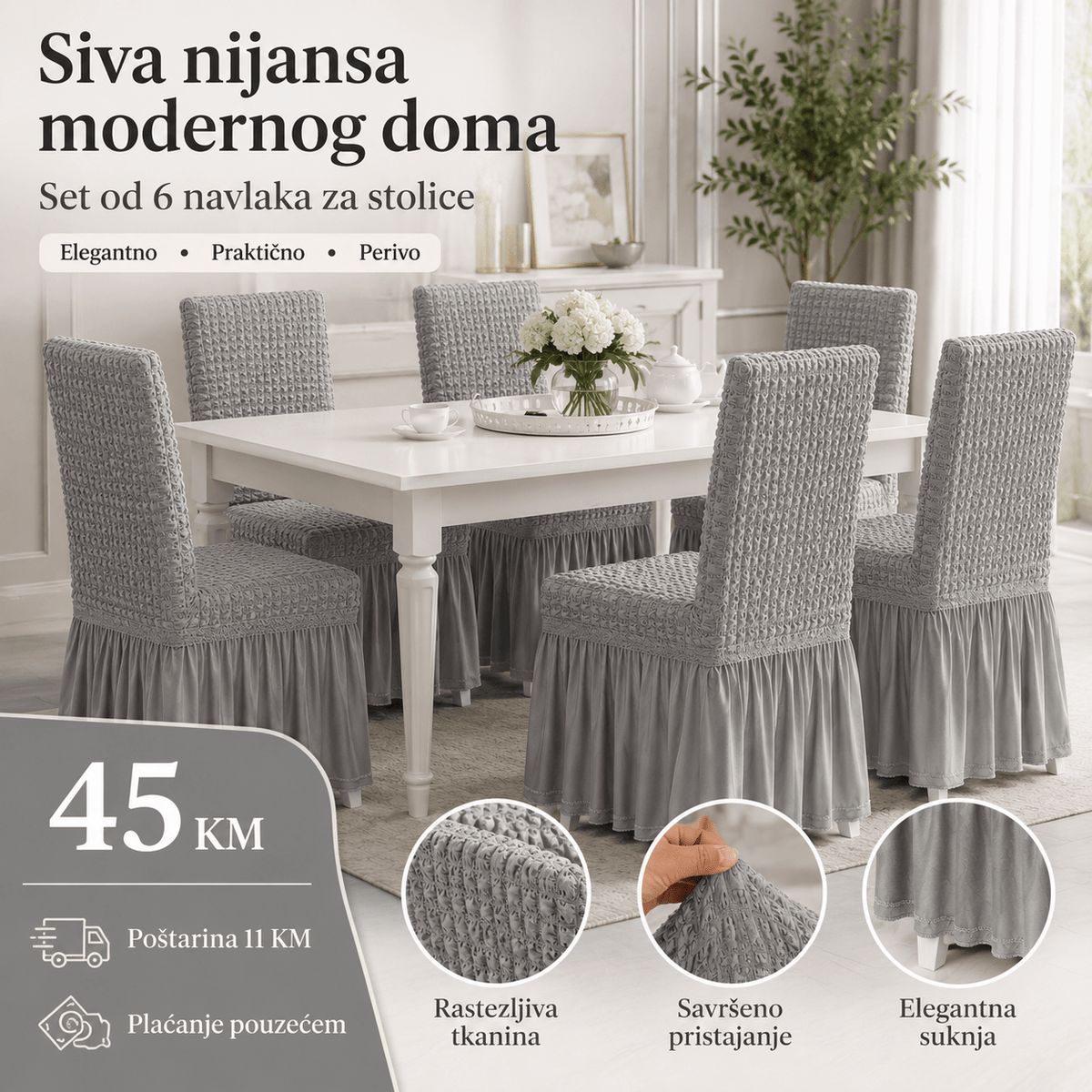 Navlake za Stolice s Elegantnom Suknjom – – Siva – slika 7
