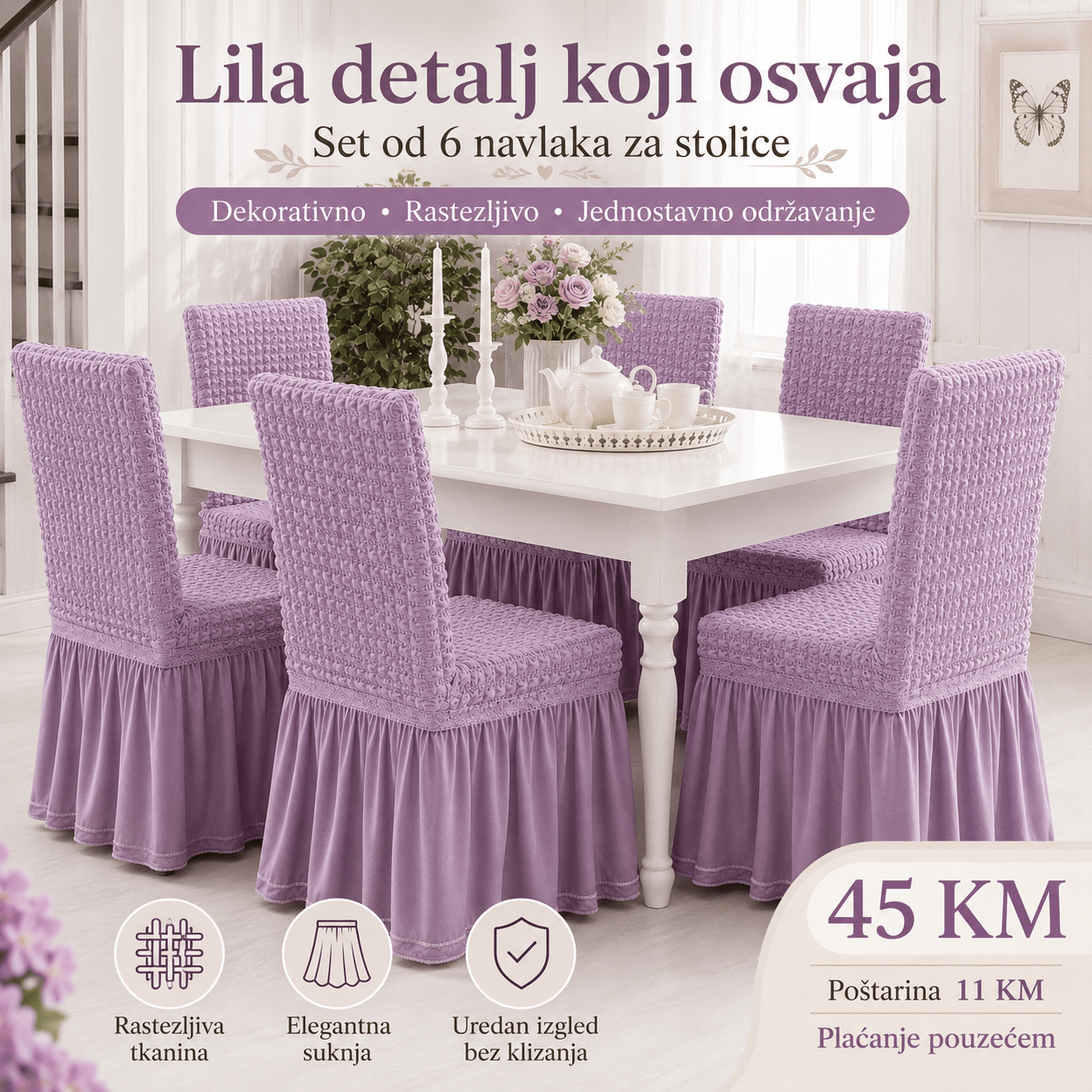 Navlake za Stolice s Elegantnom Suknjom – – Ljubičasta – slika 5