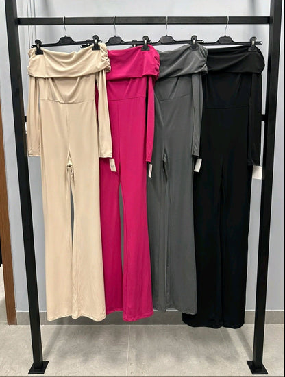 Off - Shoulder Jumpsuit s Lepršavim Nogavicama – – Bež – slika 3