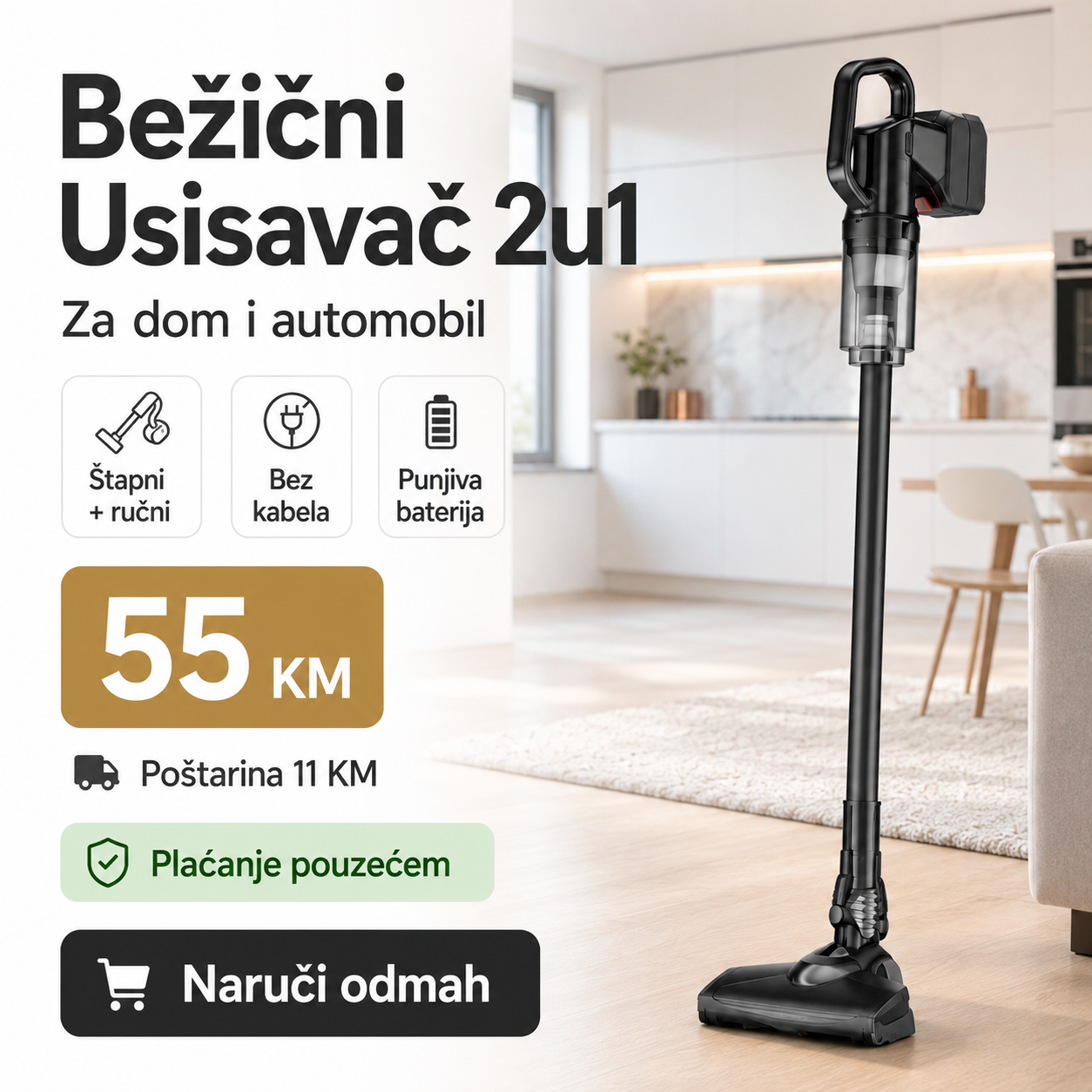 Bežični Usisavač 2u1 Model 6634 – Štapni i Ručni Usisavač za Dom i Automobil – slika 2