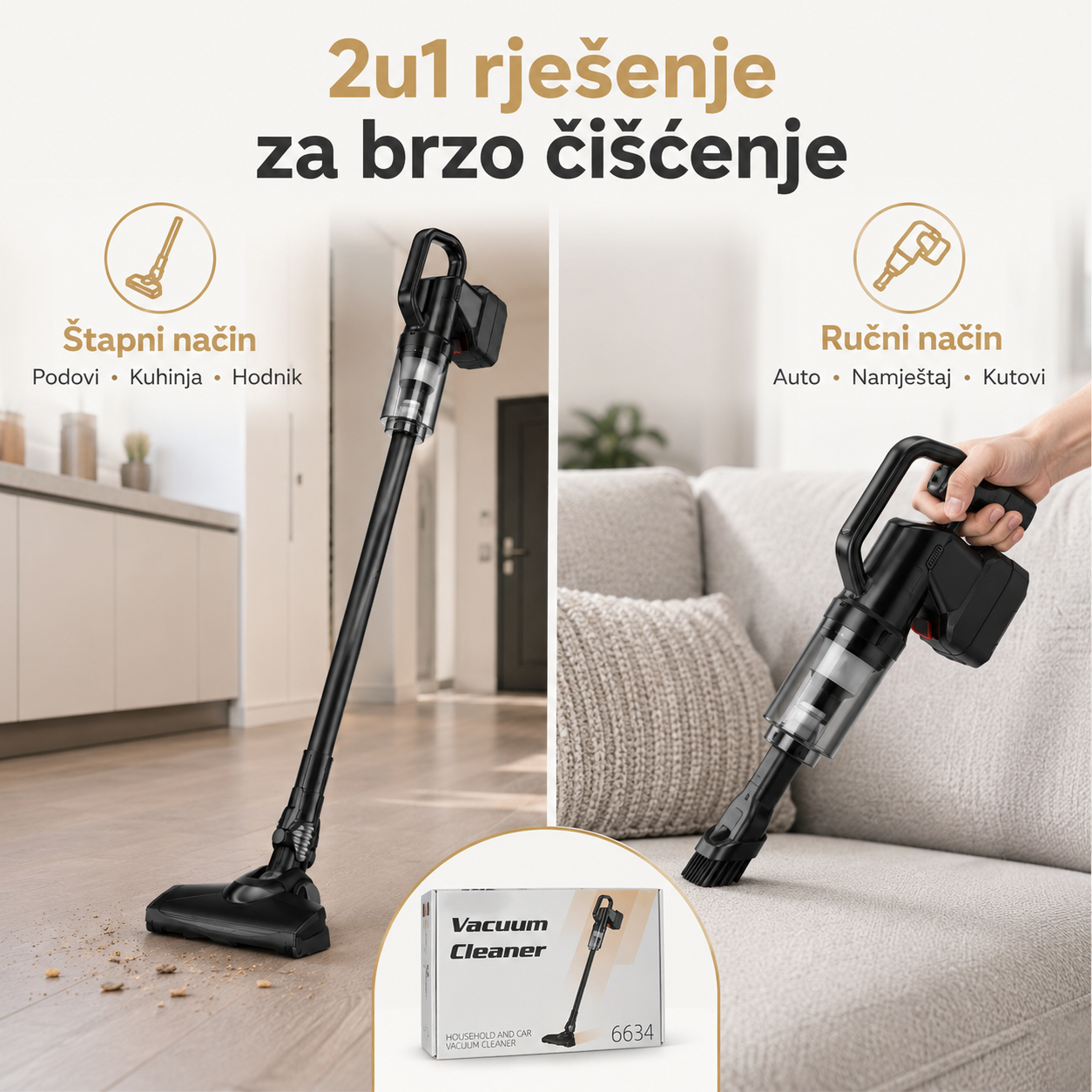 Bežični Usisavač 2u1 Model 6634 – Štapni i Ručni Usisavač za Dom i Automobil – slika 3