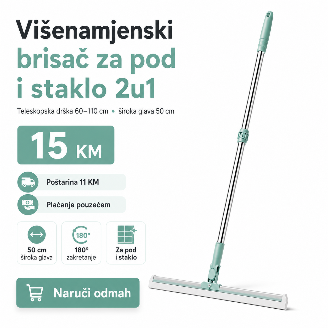 Višenamjenski Brisač za Pod i Staklo 2u1 – Teleskopska Drška 60–110 cm – slika 2