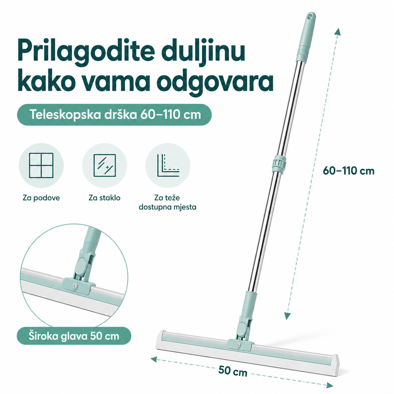 Višenamjenski Brisač za Pod i Staklo 2u1 – Teleskopska Drška 60–110 cm – slika 4