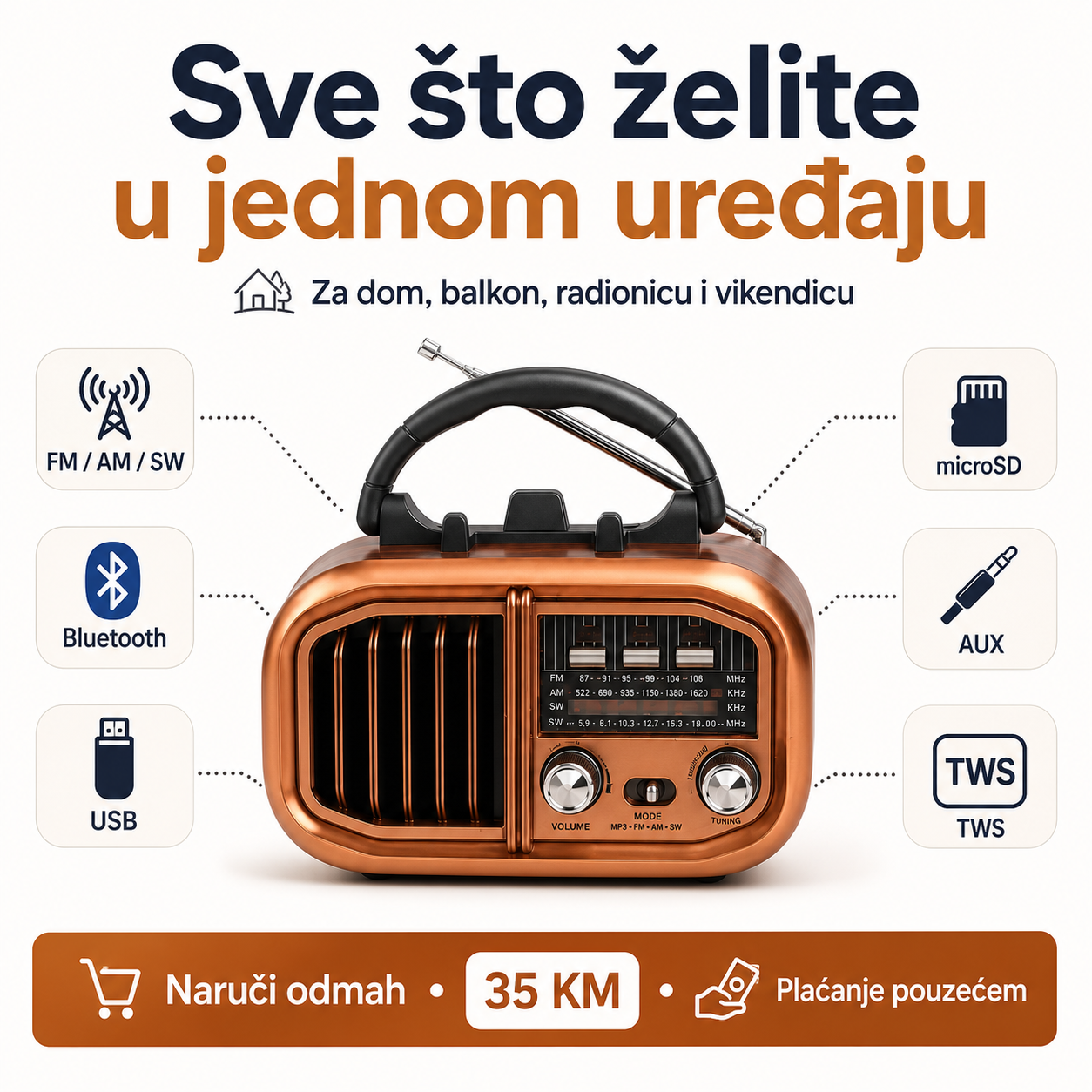 Prijenosni Retro Radio RX-BT618 s Bluetooth Zvučnikom – FM/AM/SW, USB i microSD – slika 3