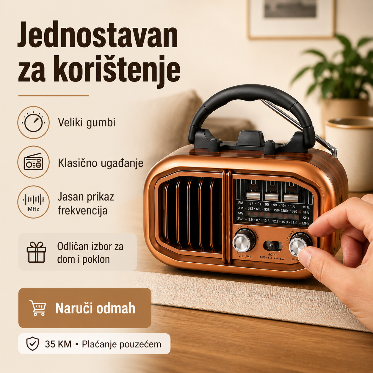 Prijenosni Retro Radio RX-BT618 s Bluetooth Zvučnikom – FM/AM/SW, USB i microSD – slika 6