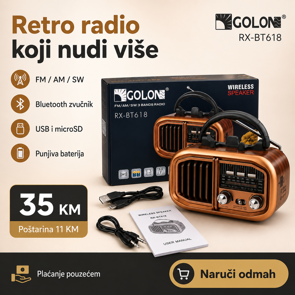Prijenosni Retro Radio RX-BT618 s Bluetooth Zvučnikom – FM/AM/SW, USB i microSD – slika 8
