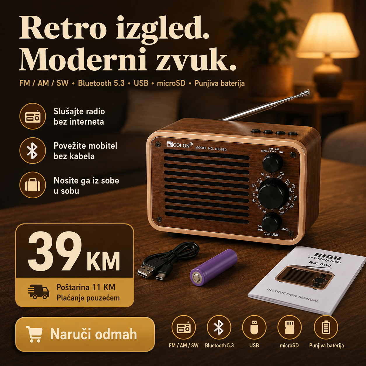 Prijenosni Retro Radio RX-680 s Bluetoothom – FM/AM/SW, USB i microSD – slika 1