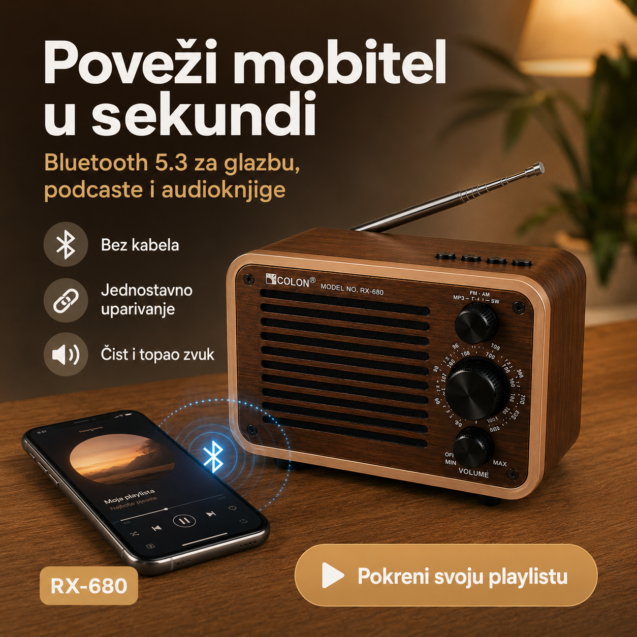 Prijenosni Retro Radio RX-680 s Bluetoothom – FM/AM/SW, USB i microSD – slika 3
