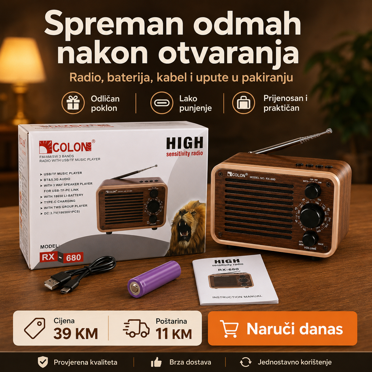 Prijenosni Retro Radio RX-680 s Bluetoothom – FM/AM/SW, USB i microSD – slika 6