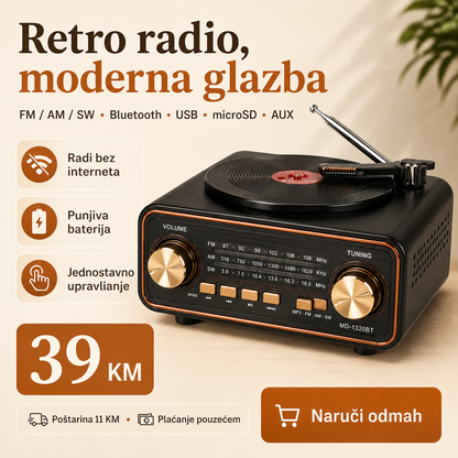 Prijenosni Retro Radio MD-1320BT s Bluetoothom – FM/AM/SW, USB i microSD – slika 1