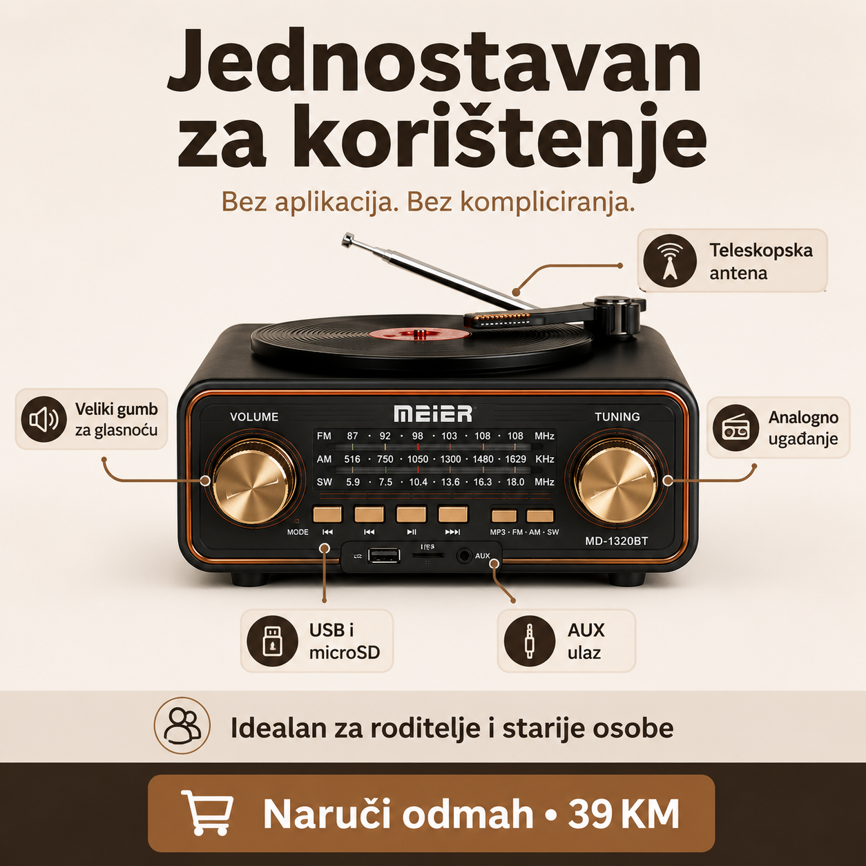 Prijenosni Retro Radio MD-1320BT s Bluetoothom – FM/AM/SW, USB i microSD – slika 4