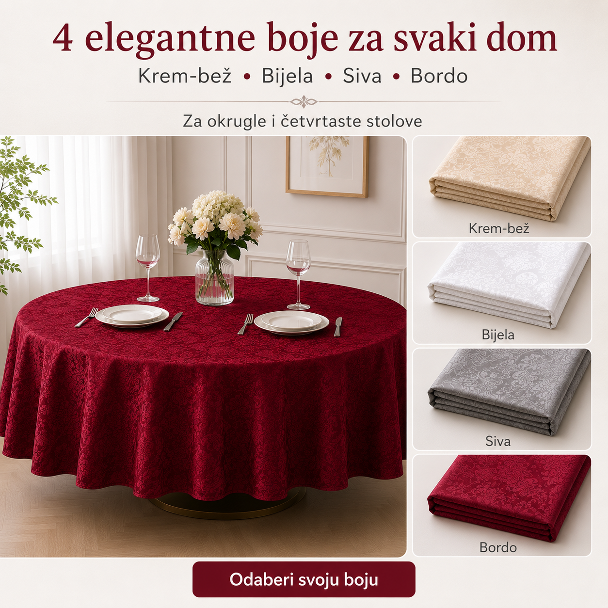 Elegantni Stolnjak 180 × 180 cm – Reljefni Uzorak i Četiri Boje – slika 3