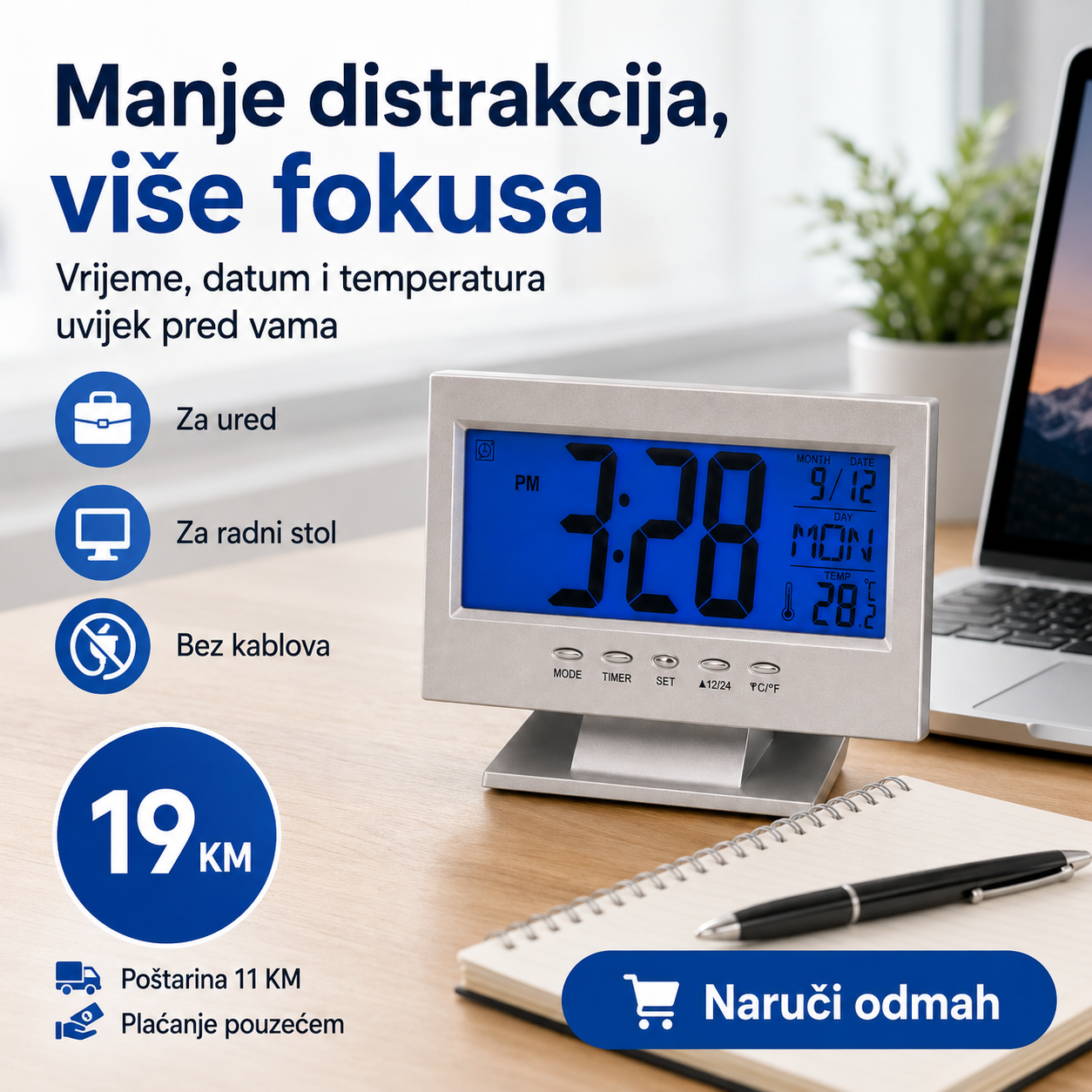 Digitalni LCD Sat DS-8082 s Plavim Osvjetljenjem – Vrijeme, Datum, Temperatura i Alarm – slika 5
