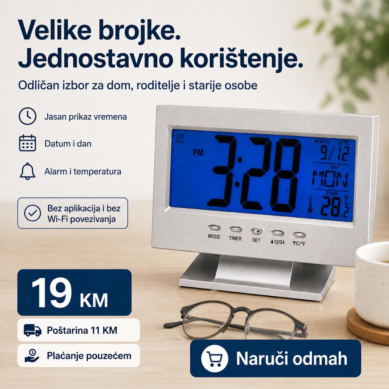 Digitalni LCD Sat DS-8082 s Plavim Osvjetljenjem – Vrijeme, Datum, Temperatura i Alarm – slika 7
