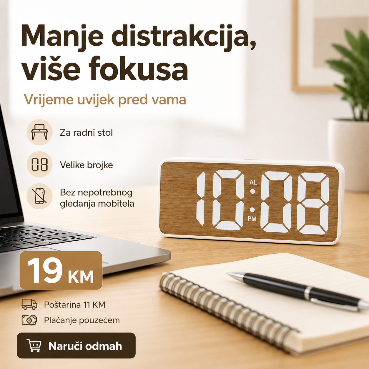 Digitalni LED Stolni Sat GS-5911B s Efektom Drva – Velike Brojke i Alarm – slika 5