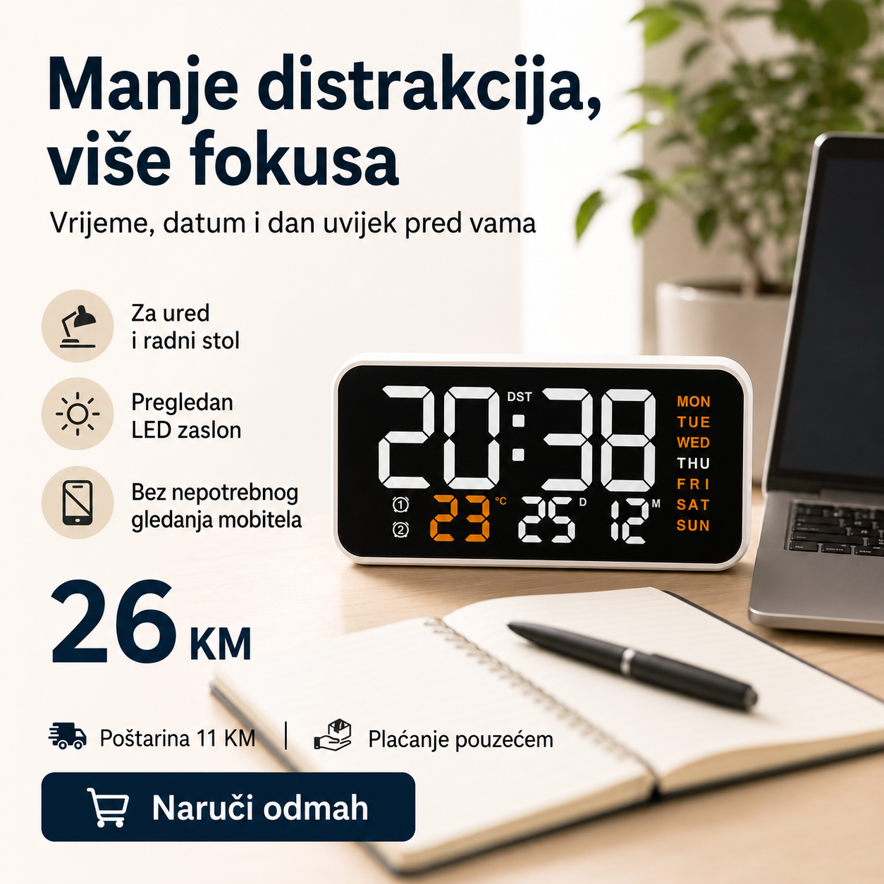 Digitalni LED Stolni Sat DS-3835L – Datum, Temperatura, Dani i Dvostruki Alarm – slika 3