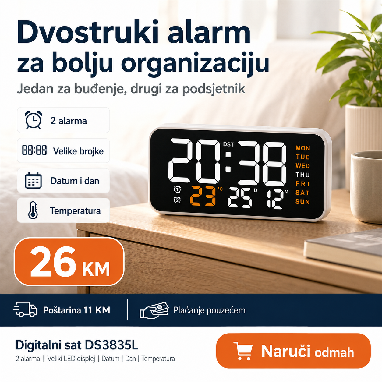 Digitalni LED Stolni Sat DS-3835L – Datum, Temperatura, Dani i Dvostruki Alarm – slika 6
