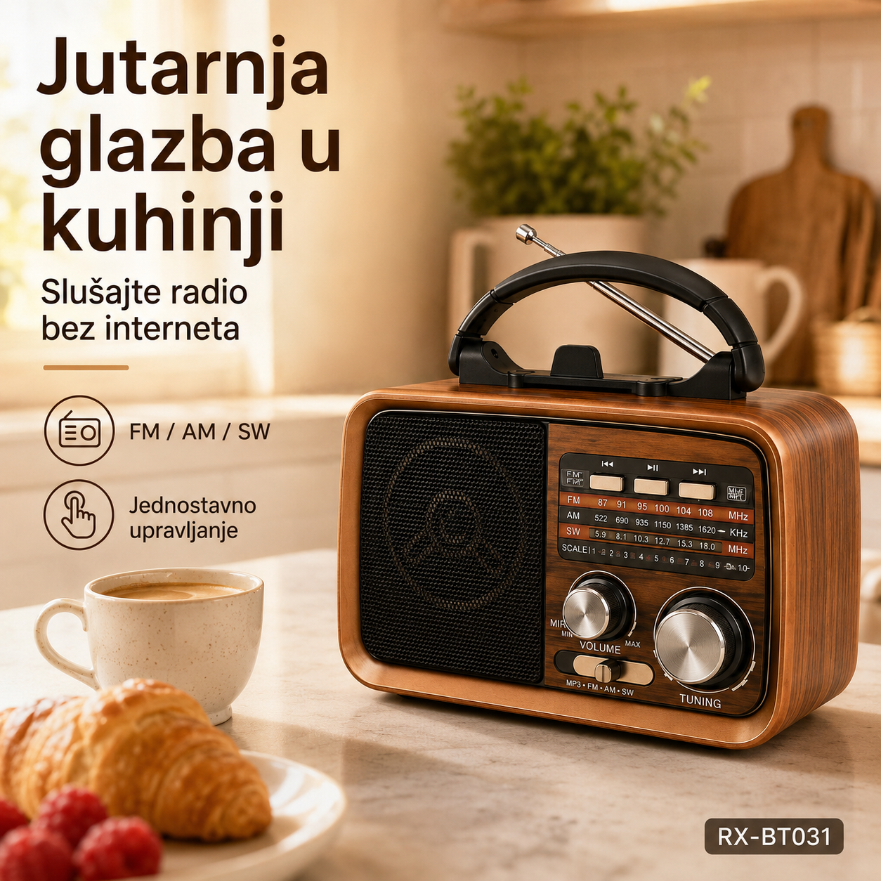 Prijenosni Retro Radio RX-BT031 s Bluetoothom – FM/AM/SW, USB, microSD i AC/DC – slika 3