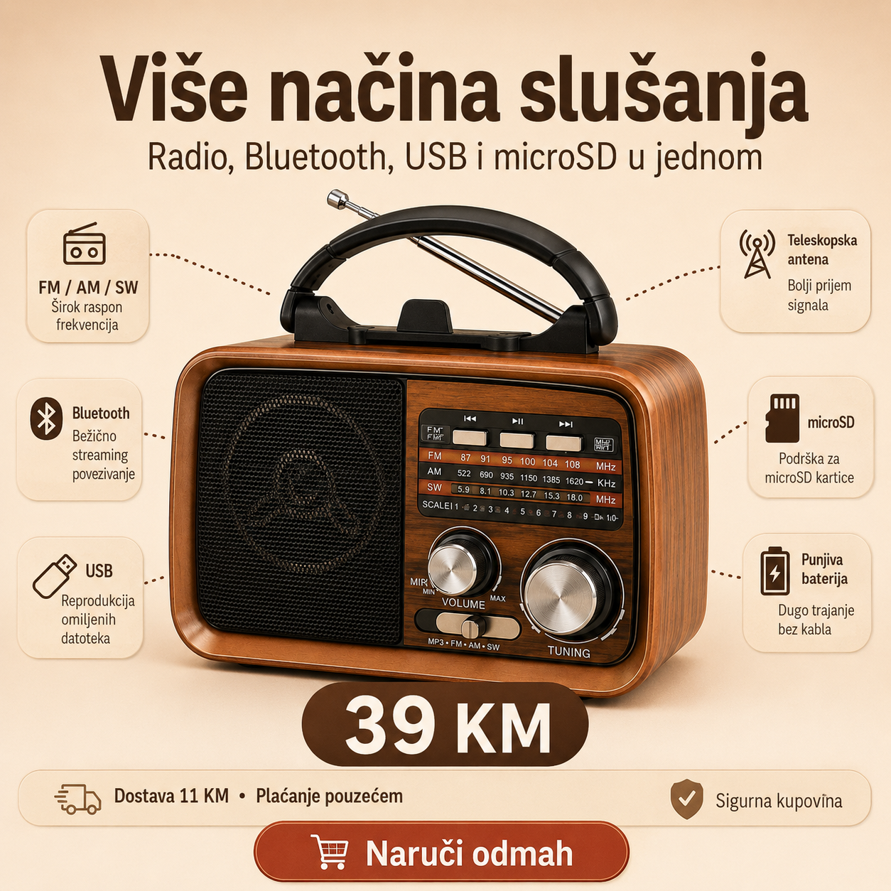 Prijenosni Retro Radio RX-BT031 s Bluetoothom – FM/AM/SW, USB, microSD i AC/DC – slika 8